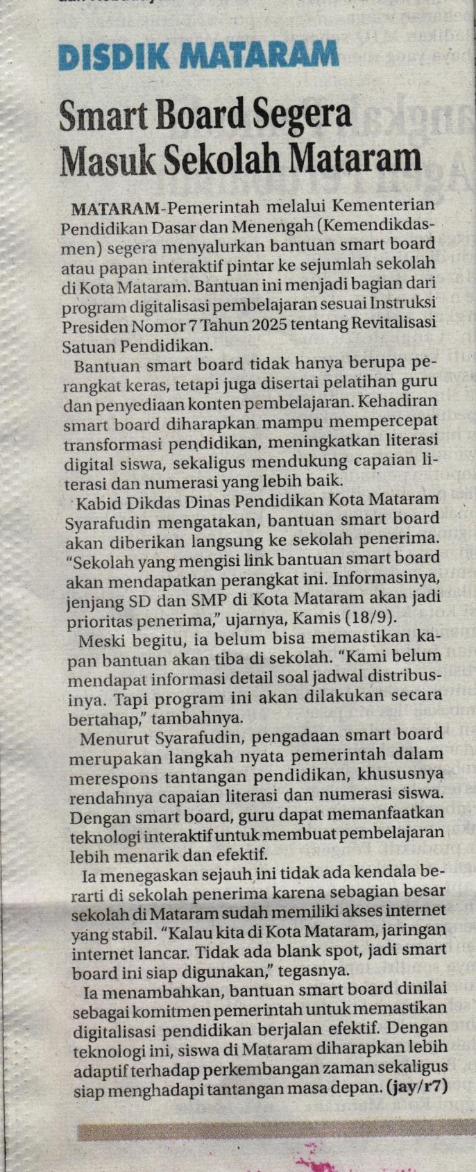 SMART BOARD SEGERA MASUK SEKOLAH MATARAM