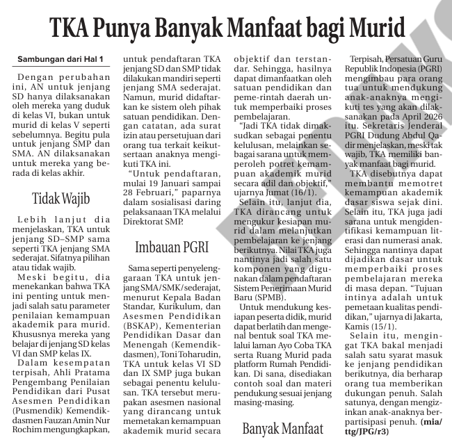 TKA Punya Banyak Manfaat bagi Murid