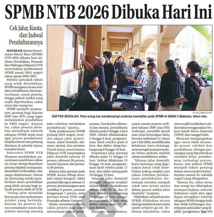 SPMB NTB 2026 Dibuka Hari Ini