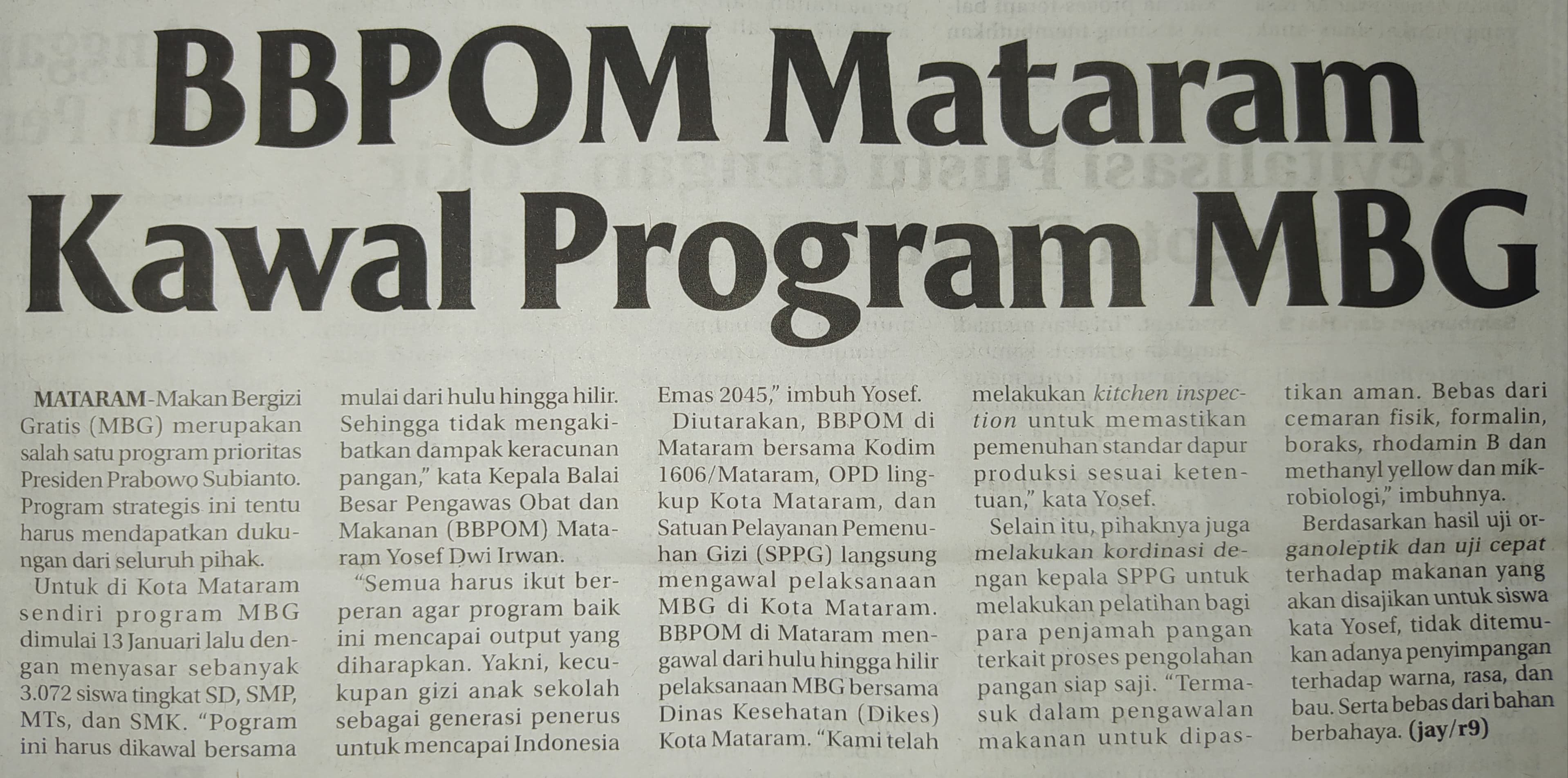 BBPOM Mataram Kawal Program MBG