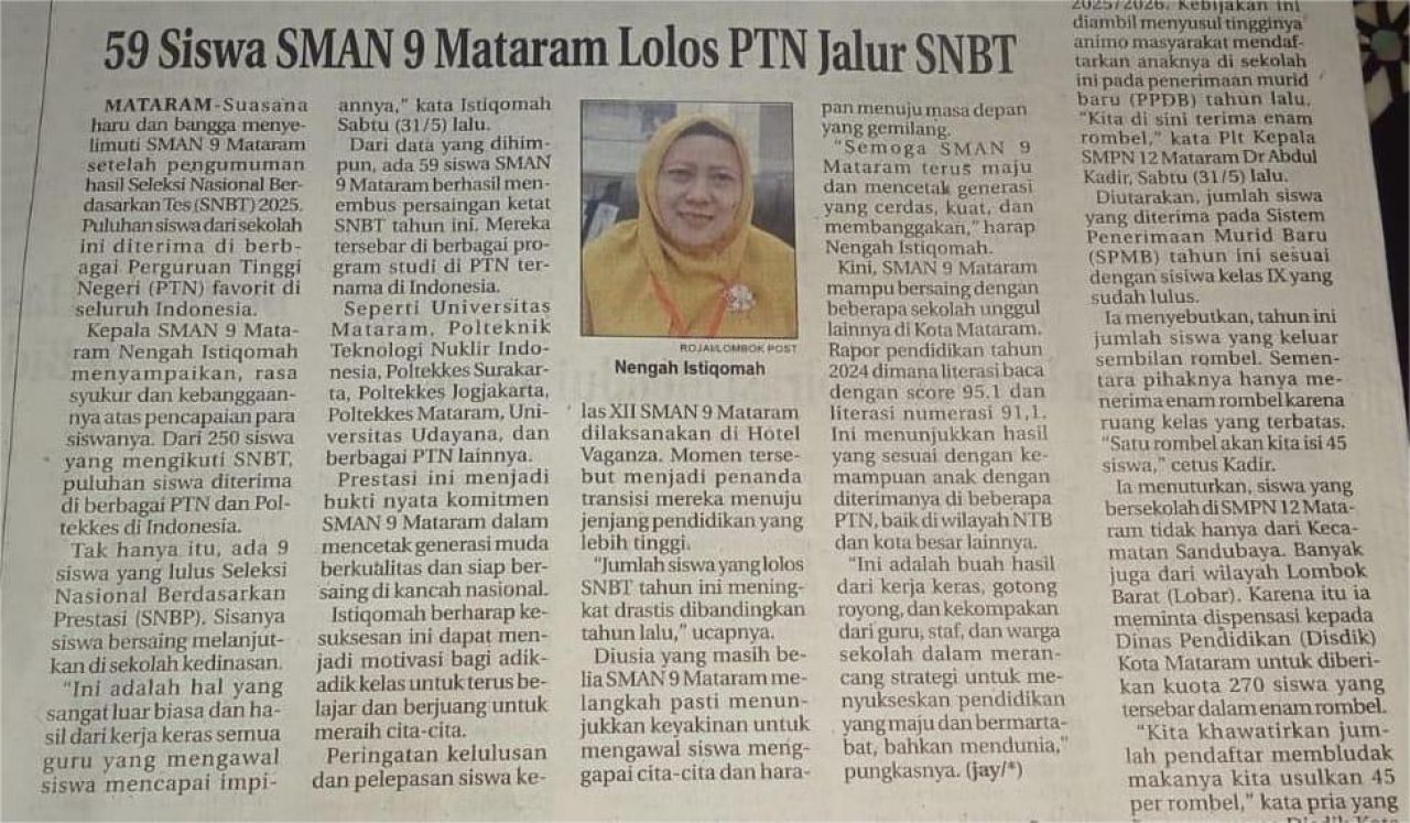 59 SISWA SMAN 9 MATARAM LOLOS PTN JALUR SNBT