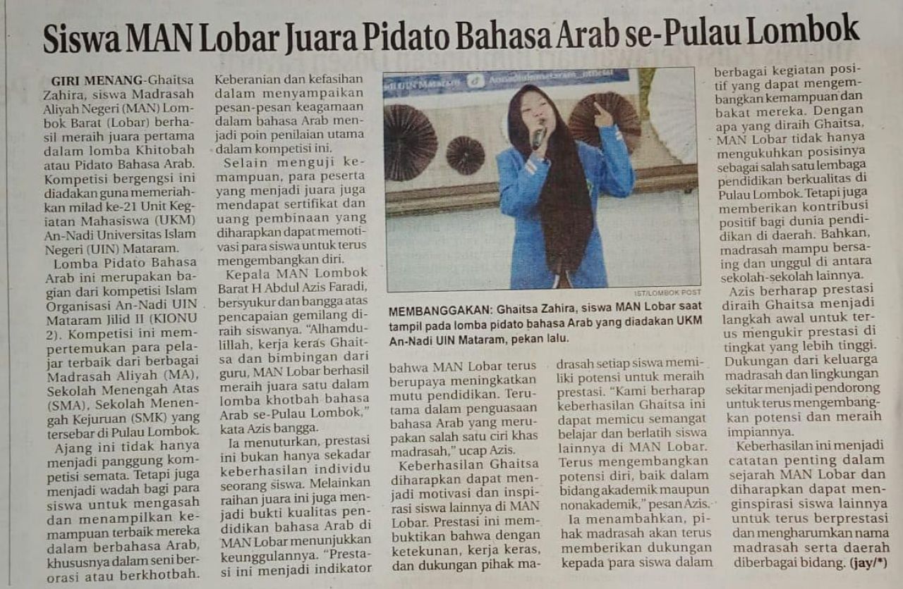 SISWA MAN 1 MATARAM JUARA PIDATO BAHASA ARAB SE-PULAU LOMBOK