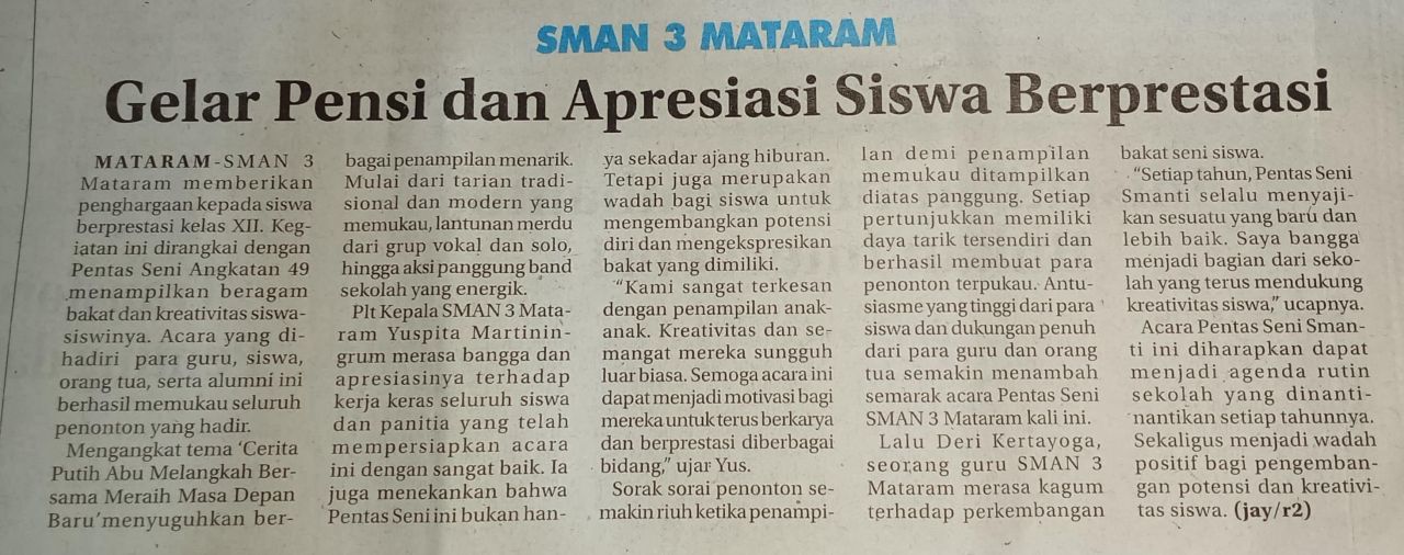 SMAN 3 MATARAM GELAR PENSI DAN APRESIASI SISWA BERPRESTASI