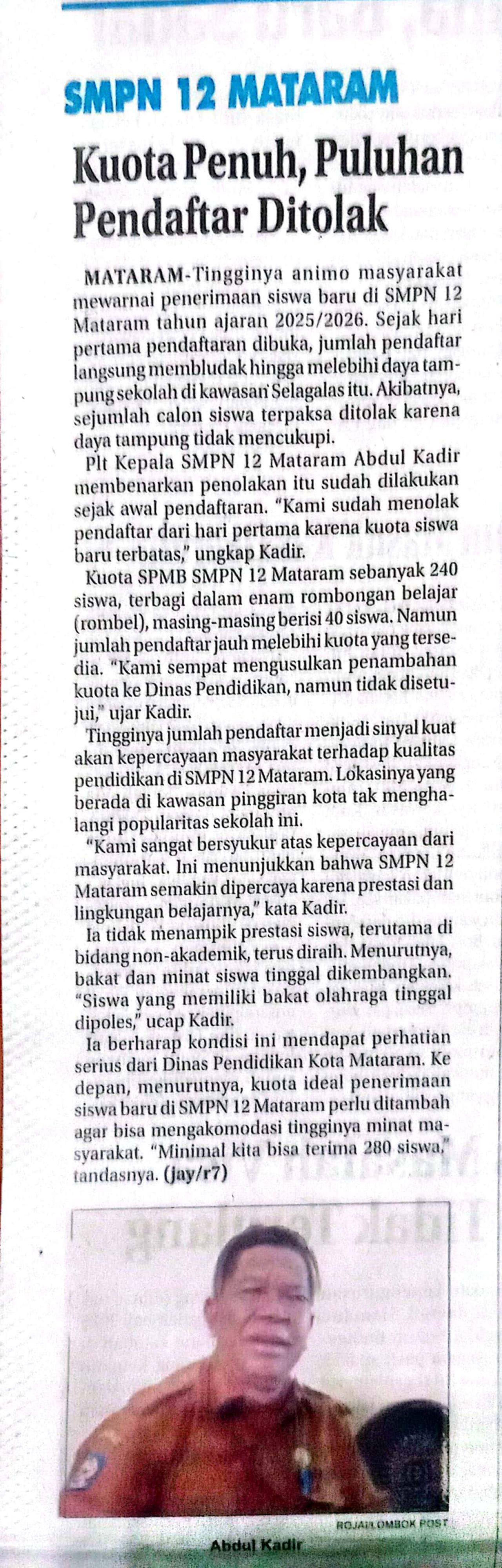 SMPN 12 MATARAM KUOTA PENUH, PENDAFTAR DITOLAK