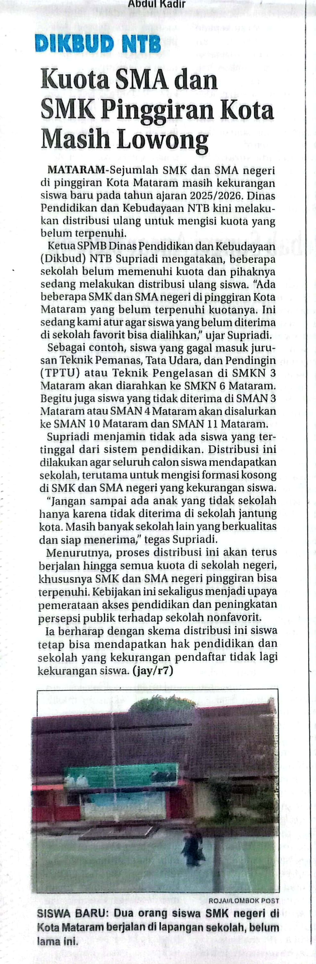KUOTA SMA DAN SMK PINGGIRAN KOTA MASIH LOWONG