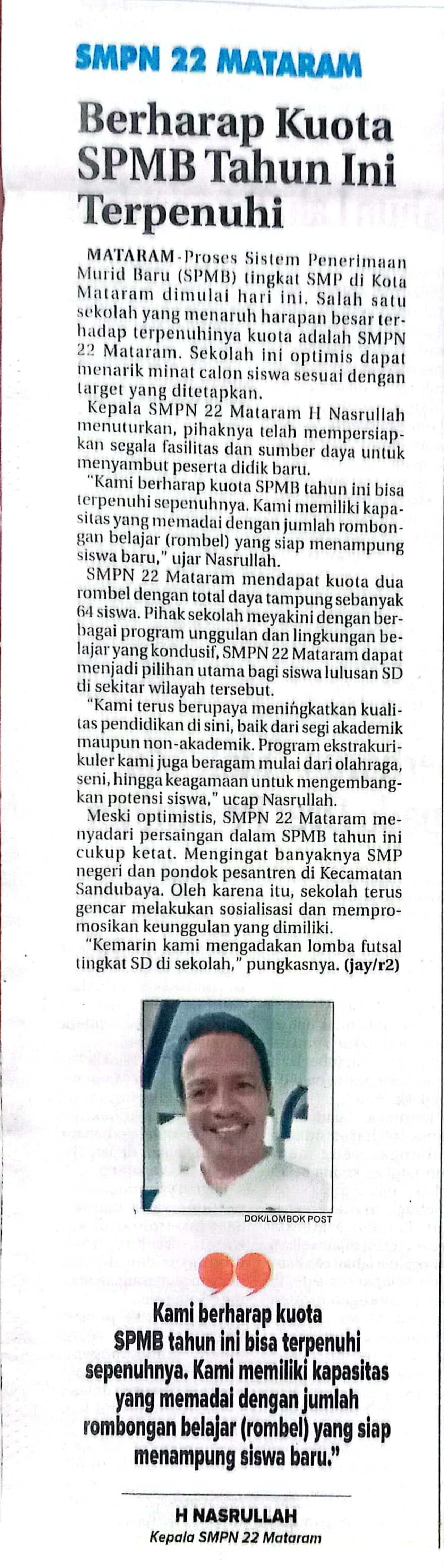 SMPN 22 MATARAM,BERHARAP KUOTA SPMB TAHUN INI TERPENUHI