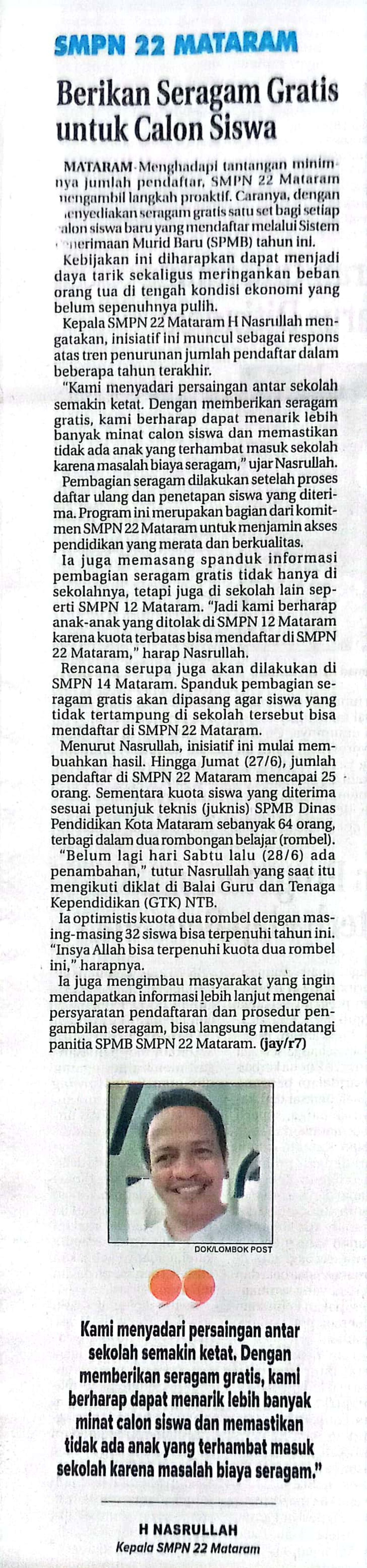 SMPN 22 MATARAM BERIKAN SERAGAM GRATIS UNTUK CALON SISWA