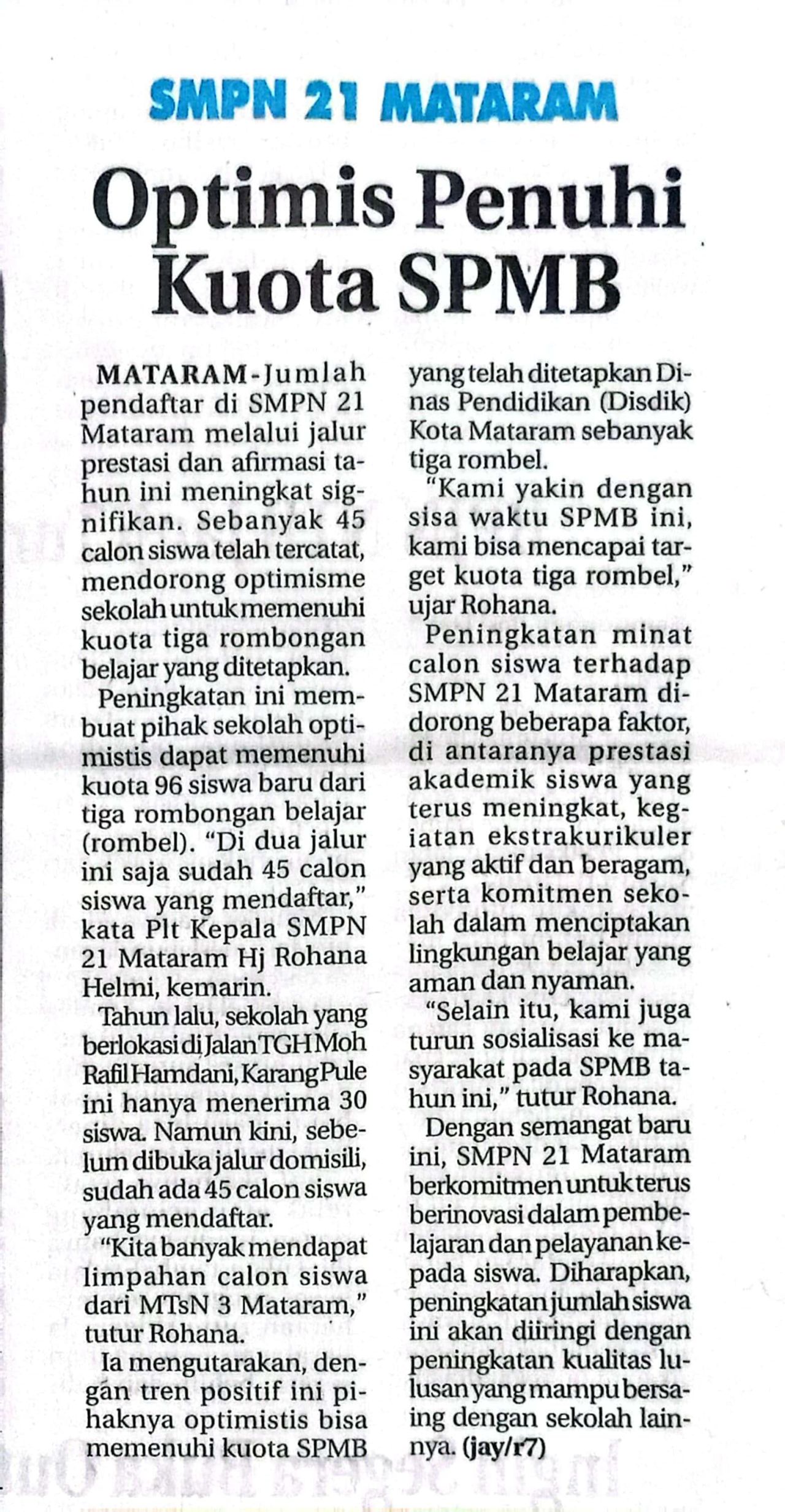 SMPN 21 MATARAM OPTIMIS PENUHI KUOTA SPMB
