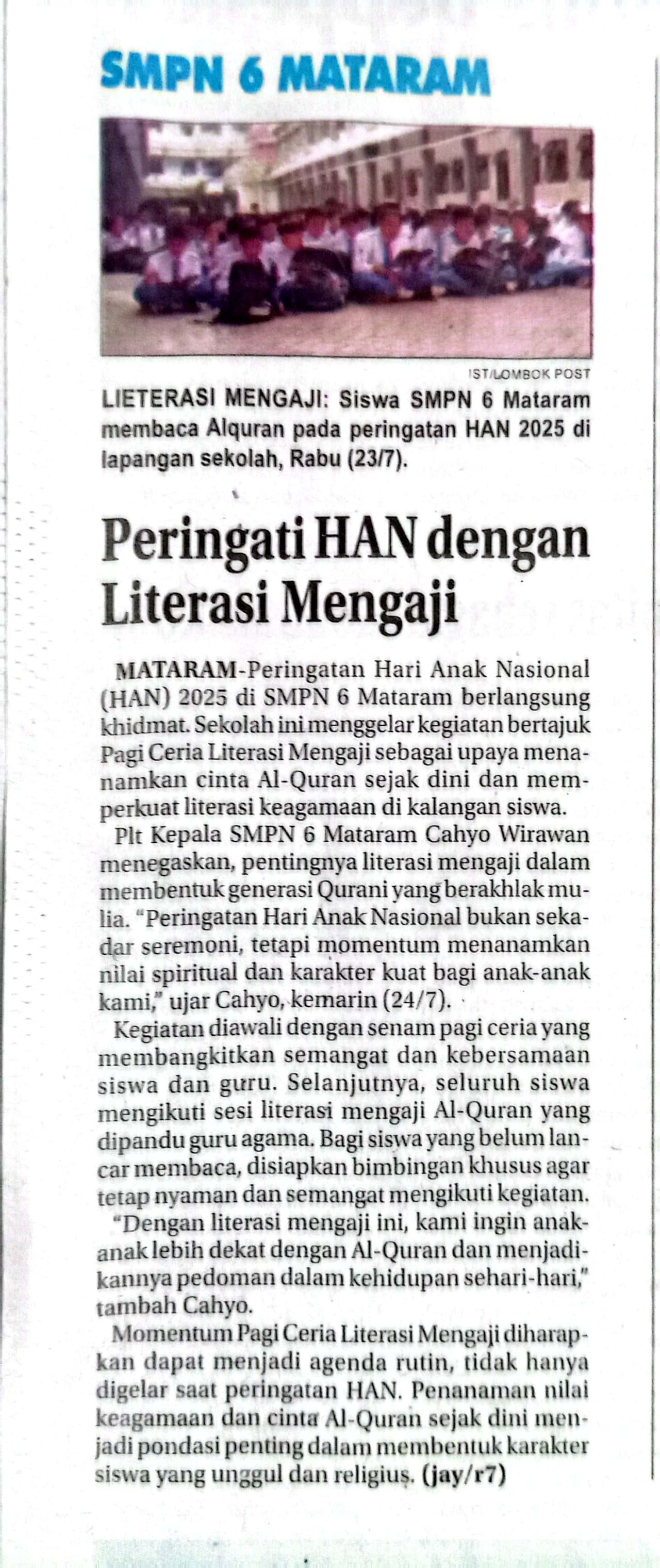 SMPN 6 MATARAM PERINGATI HAN DENGAN LITERASI MENGAJI