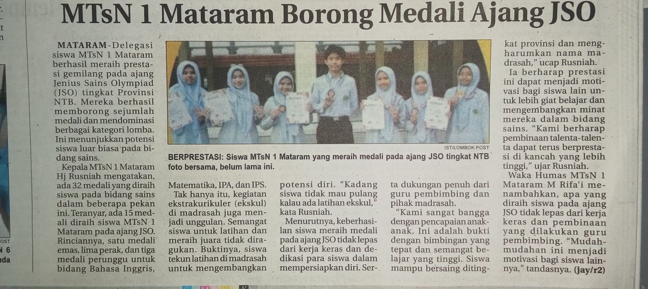 MTsN 1 MATARAM BORONG MEDALI AJANG JSO