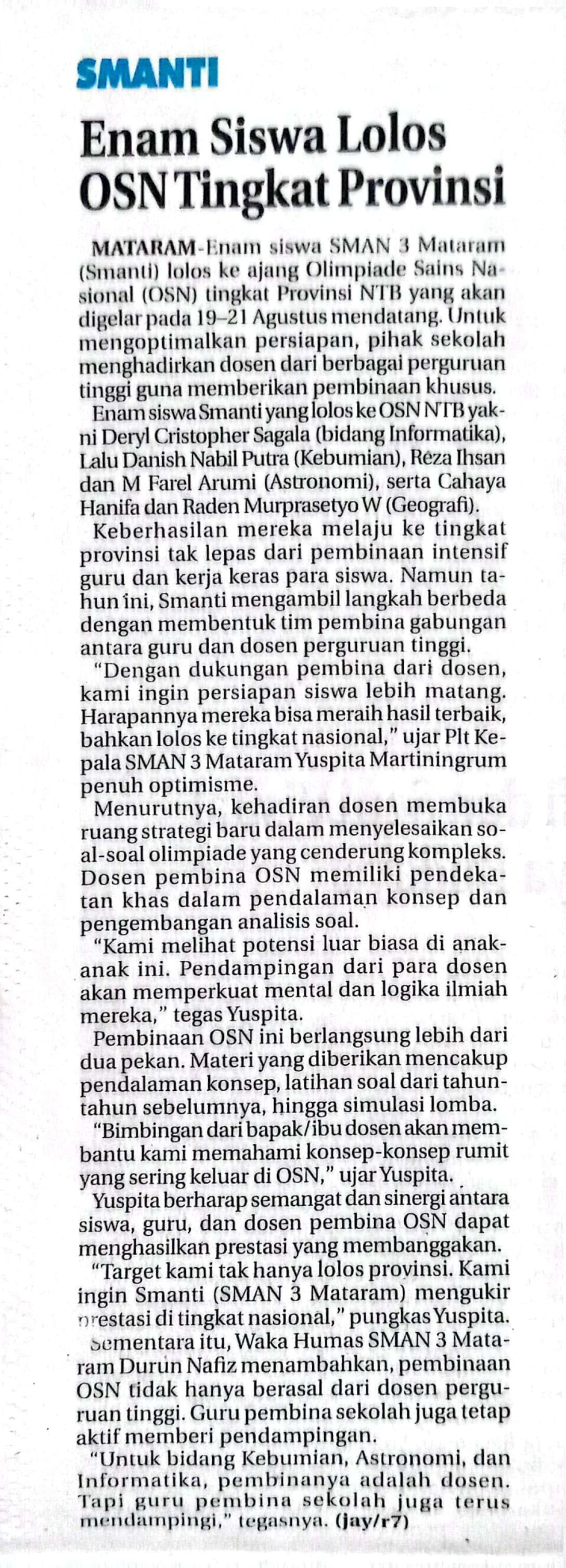 ENAM SISWA LOLOS OSN TINGKAT PROVINSI