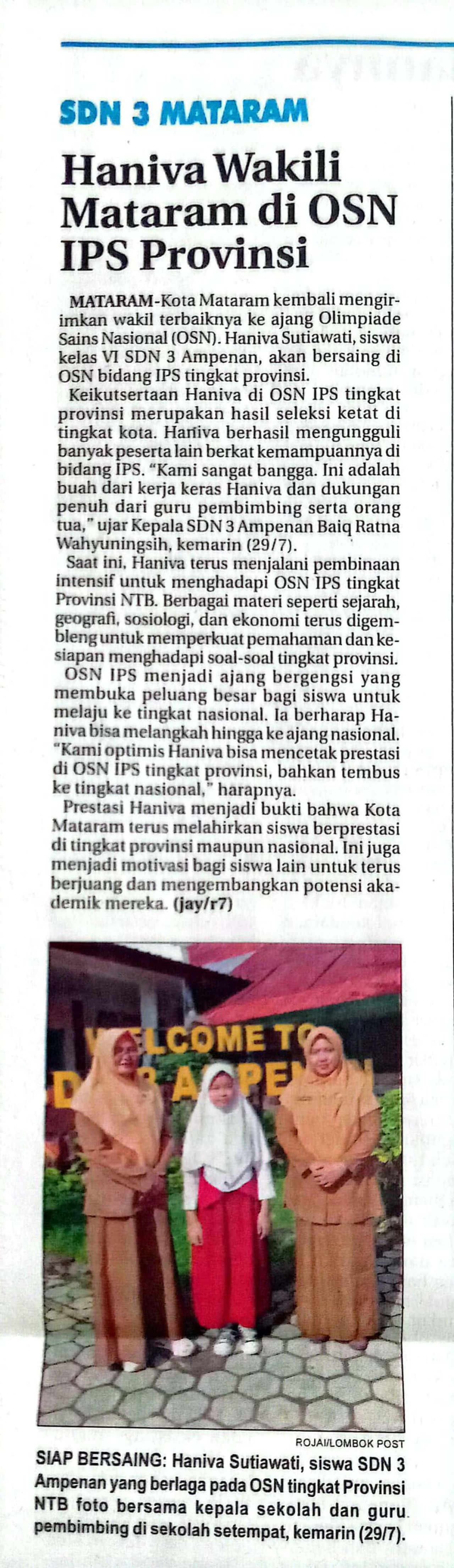 SDN 3 MATARAM HANIVA WAKILI MATARAM DI OSN IPS PROVINSI