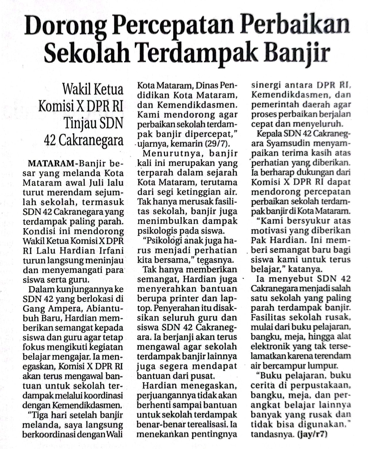 DORONG PERCEPATAN PERBAIKAN SEKOLAH TERDAMPAK BANJIR