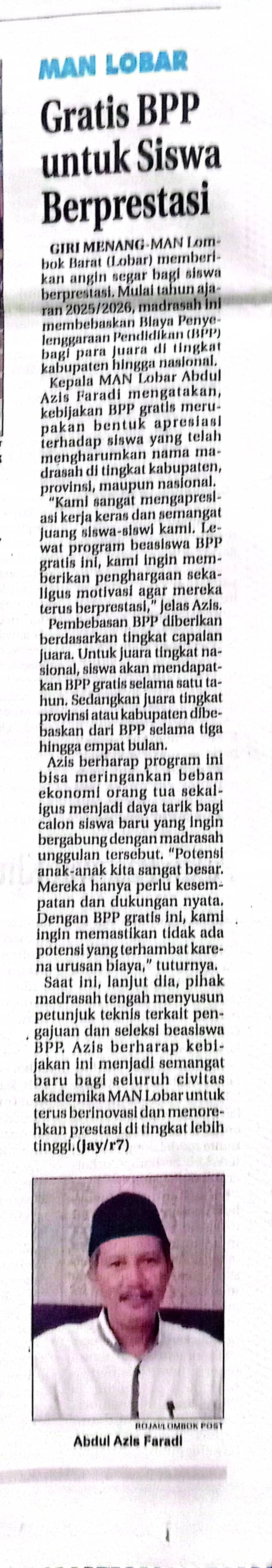 MAN LOBAR GRATIS BPP UNTUK SISWA BERPRESTASI