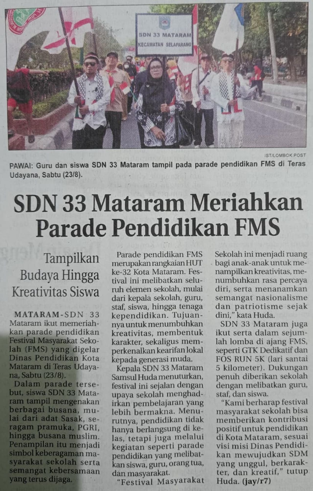 SDN 33 MATARAM MERIAHKAN PARADE PENDIDIKAN FMS