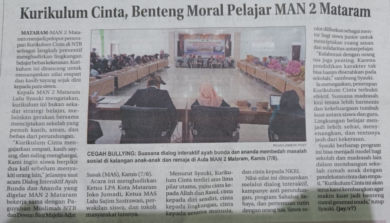 KURIKULUM CINTA,BENTENG MORAL PELAJAR MAN 2 MATARAM