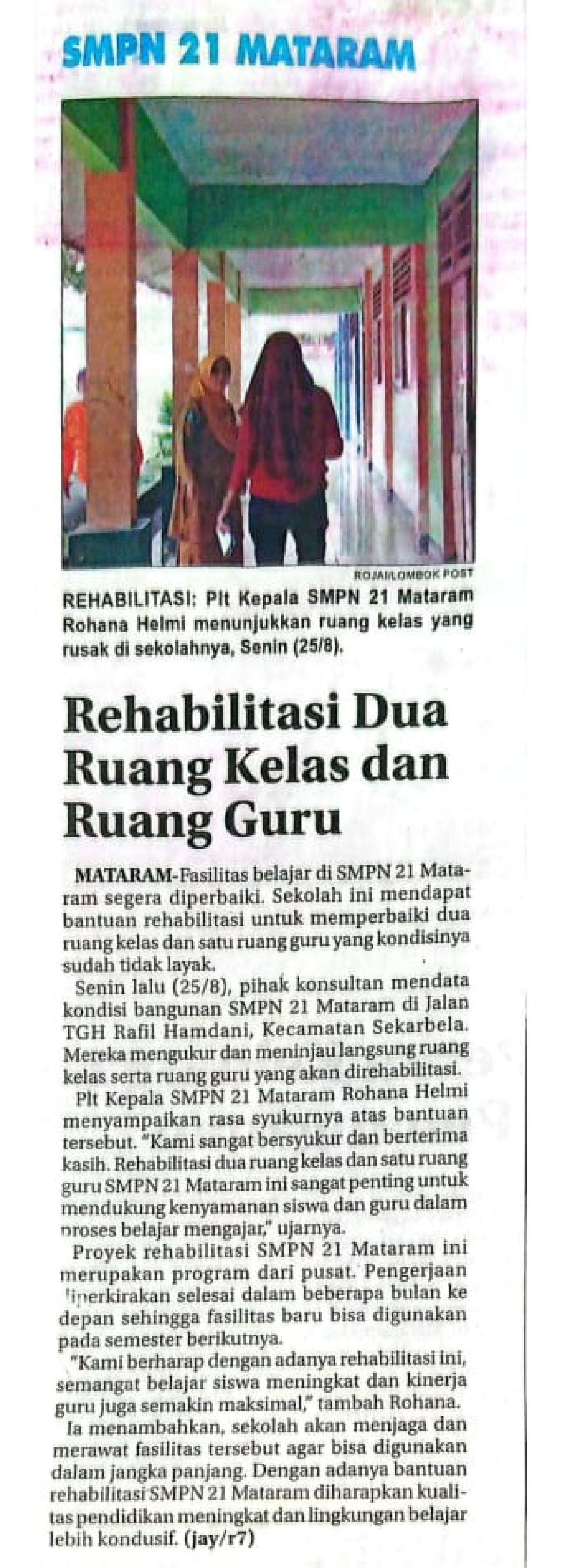SMPN 21 MATARAM REHABILITAS DUA RUANG KELAS DAN RUANG GURU