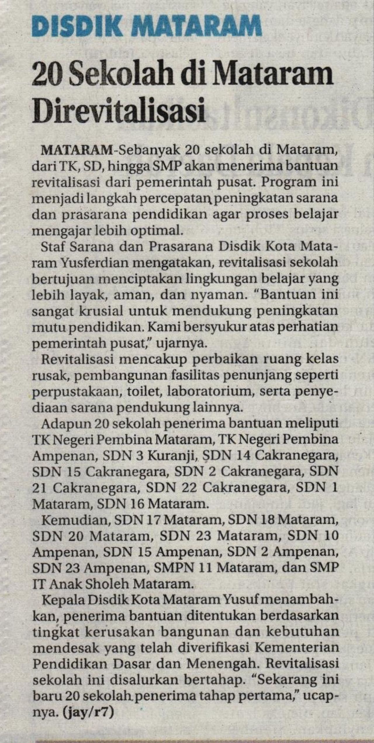 20 SEKOLAH DI MATARAM DIREVITALISASI