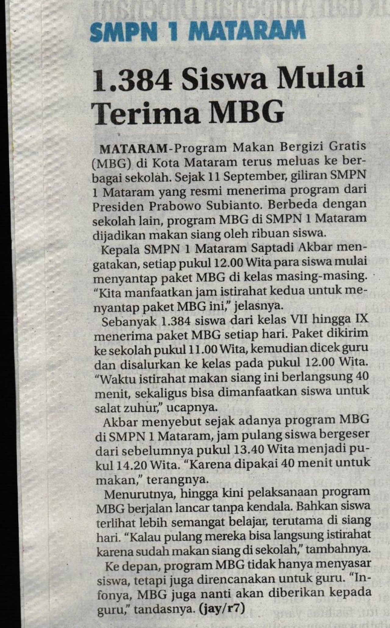 1.384 SISWA MULAI TERIMA MBG