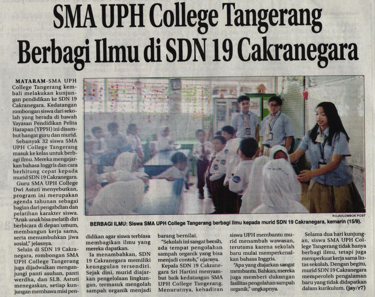 SMA UPH COLLEGE TANGERANG BERBAGI ILMU DI SDN 19 CAKRANEGARA