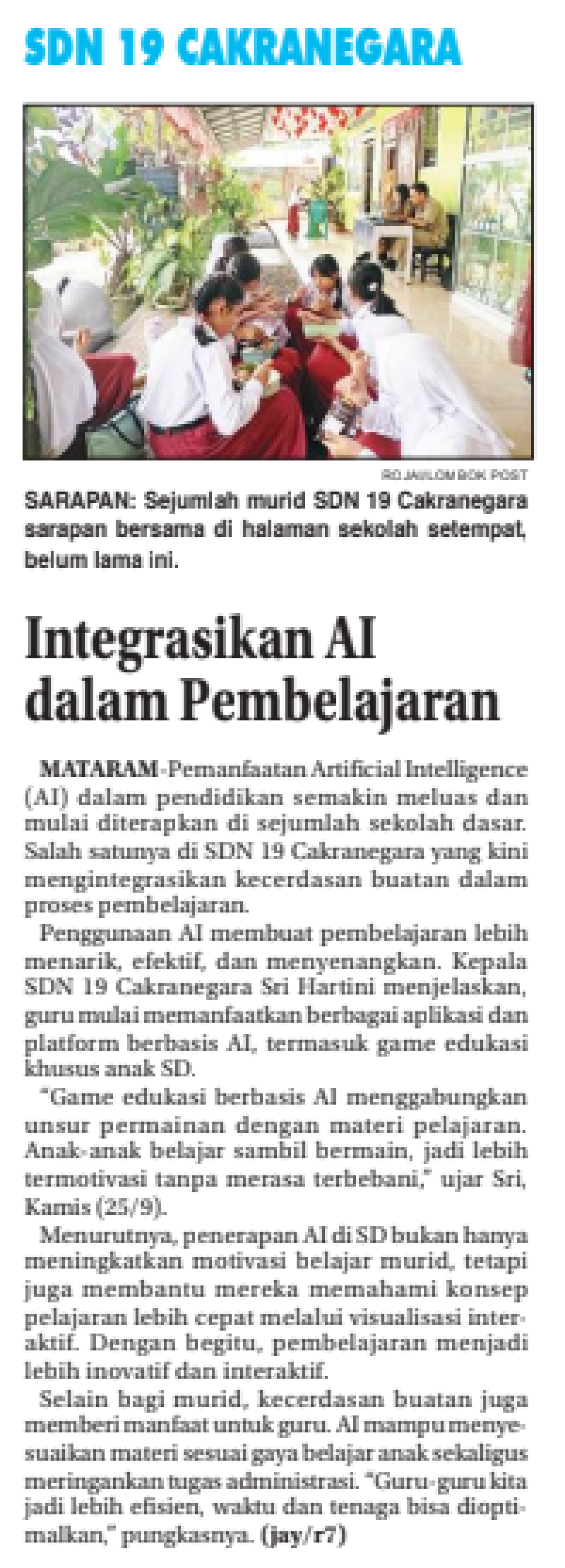 SDN 19 CAKRANEGARA INTERGRITASIKAN AI DALAM PEMBELAJARAN