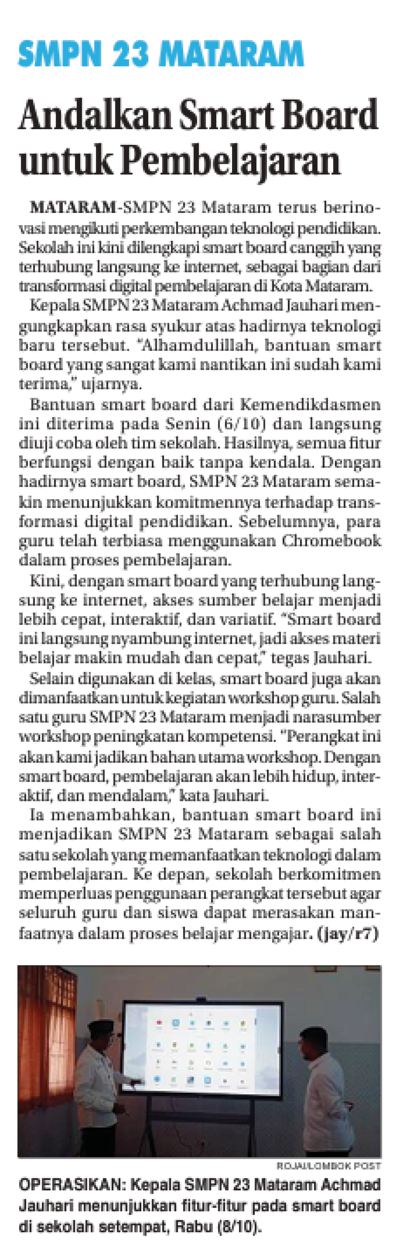 SMPN 23 MATARAM ANDALKAN SMART BOARD UNTUK PEMBELAJARAN