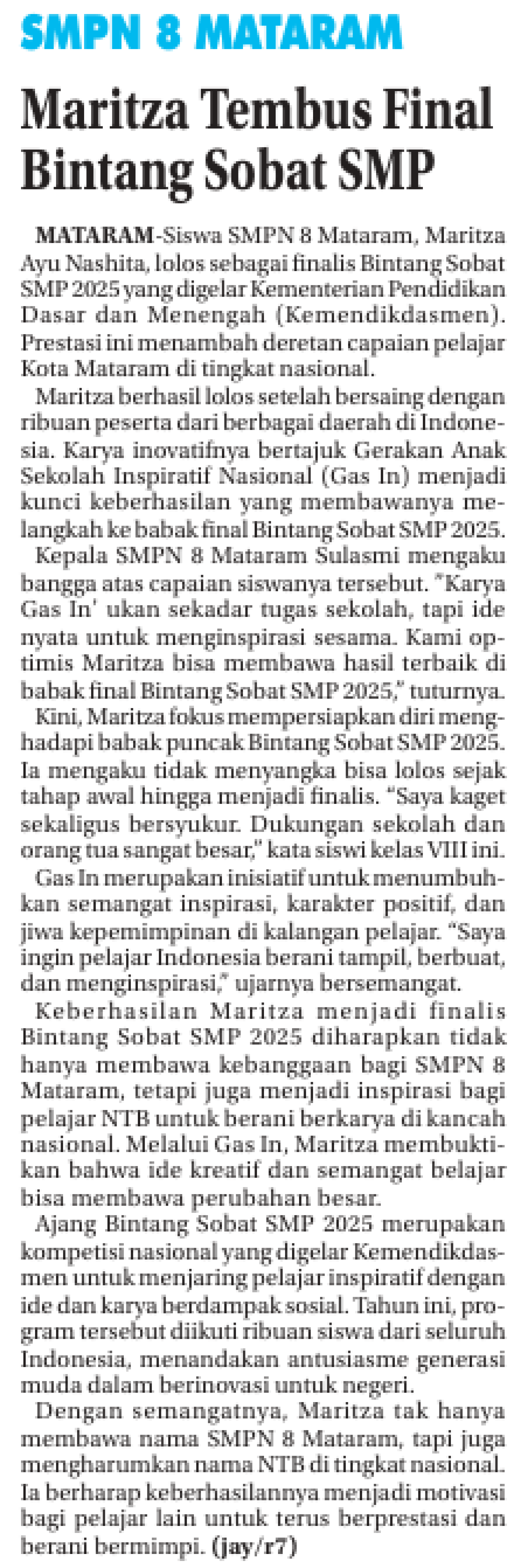SMPN 8 MATARAM MARITZA TEMBUS FINAL BINTANG SOBAT SMP