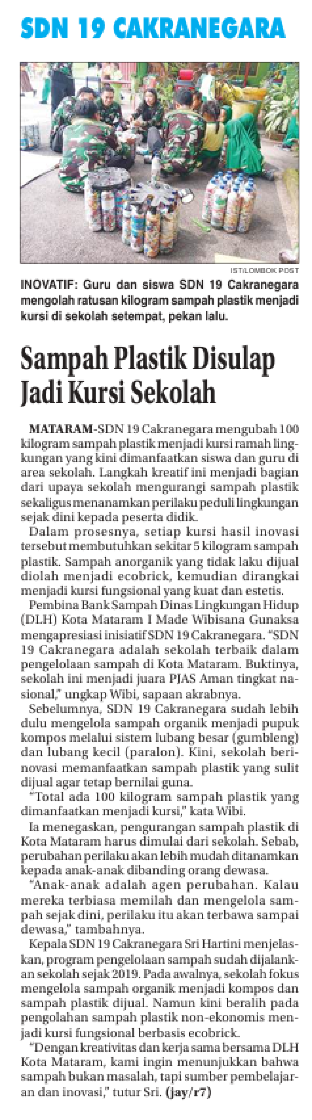 SDN 19 CAKRANEGARA,SAMPAH PLASTIK DISULAP JADI KURSI SEKOLAH