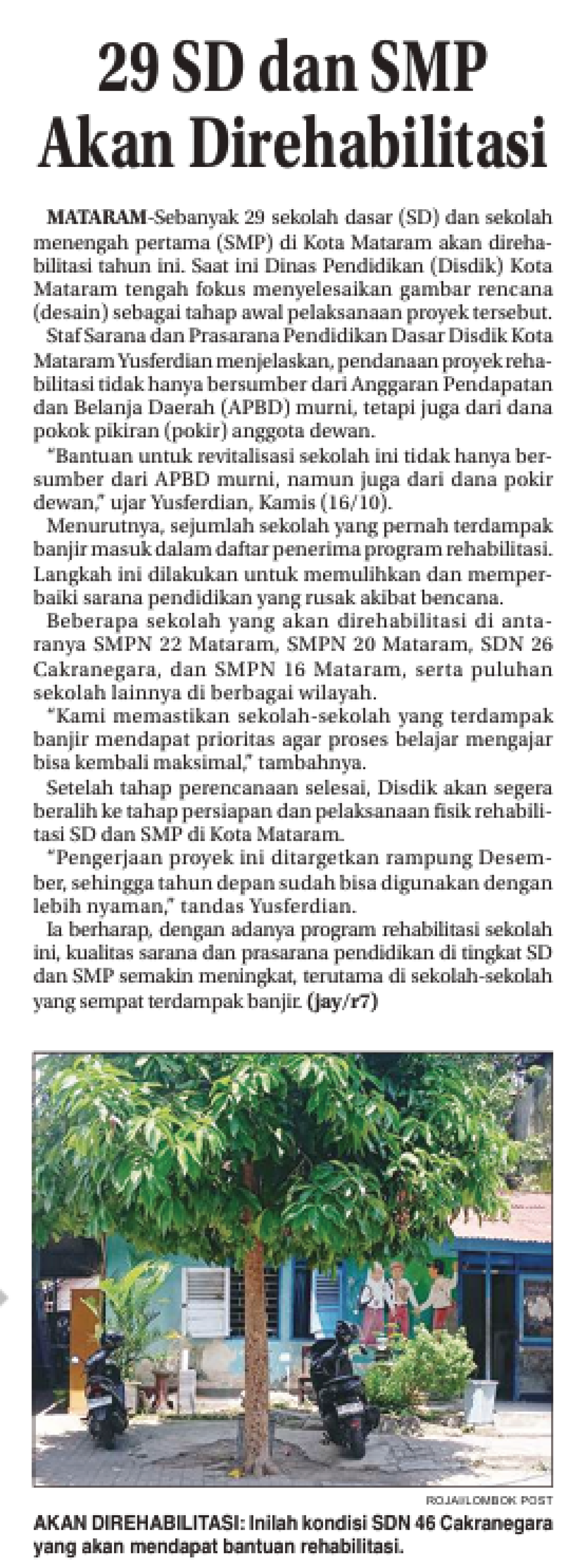 29 SD DAN SMP AKAN DIREHABILITASI