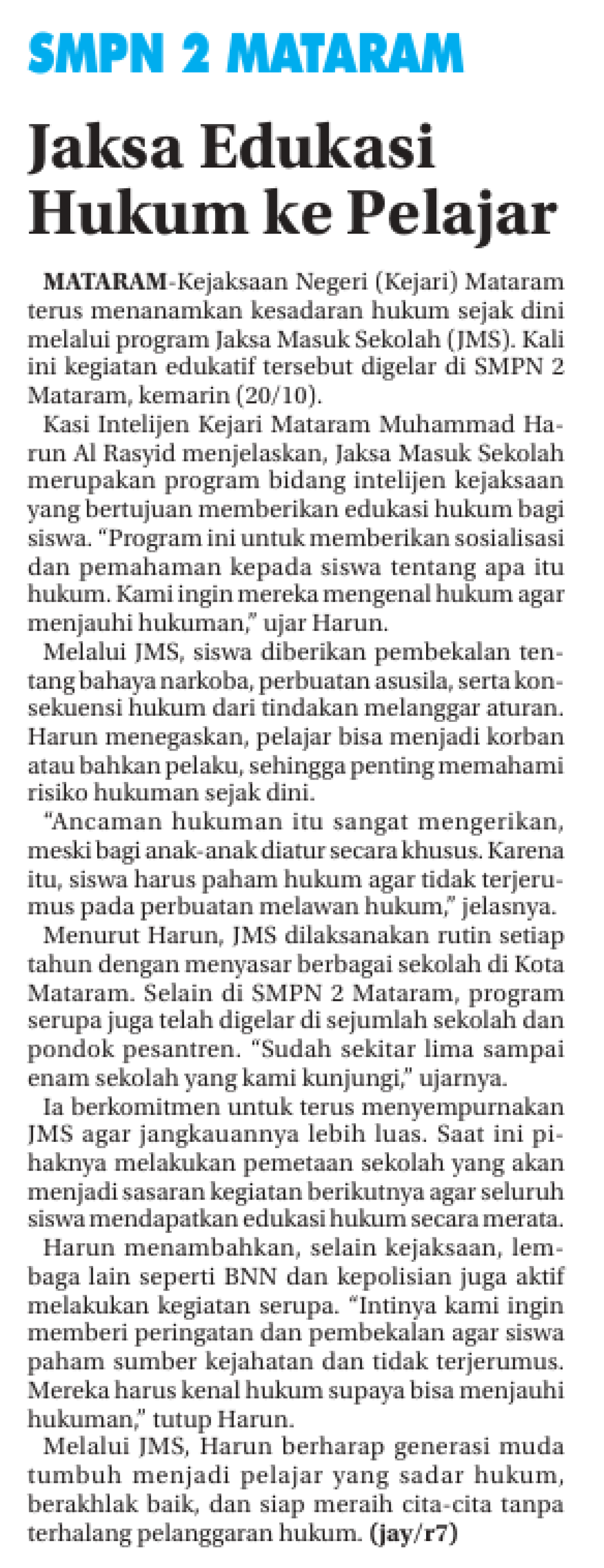 SMPN 2 MATARAM, JAKSA EDUKASI HUKUM KE PELAJAR