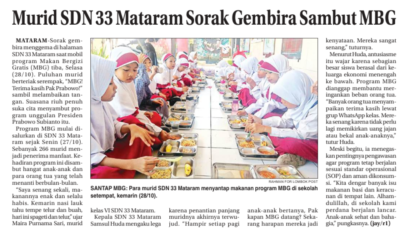 MURID SDN 33 MATARAM SORAK GEMBIRA SABUT MBG