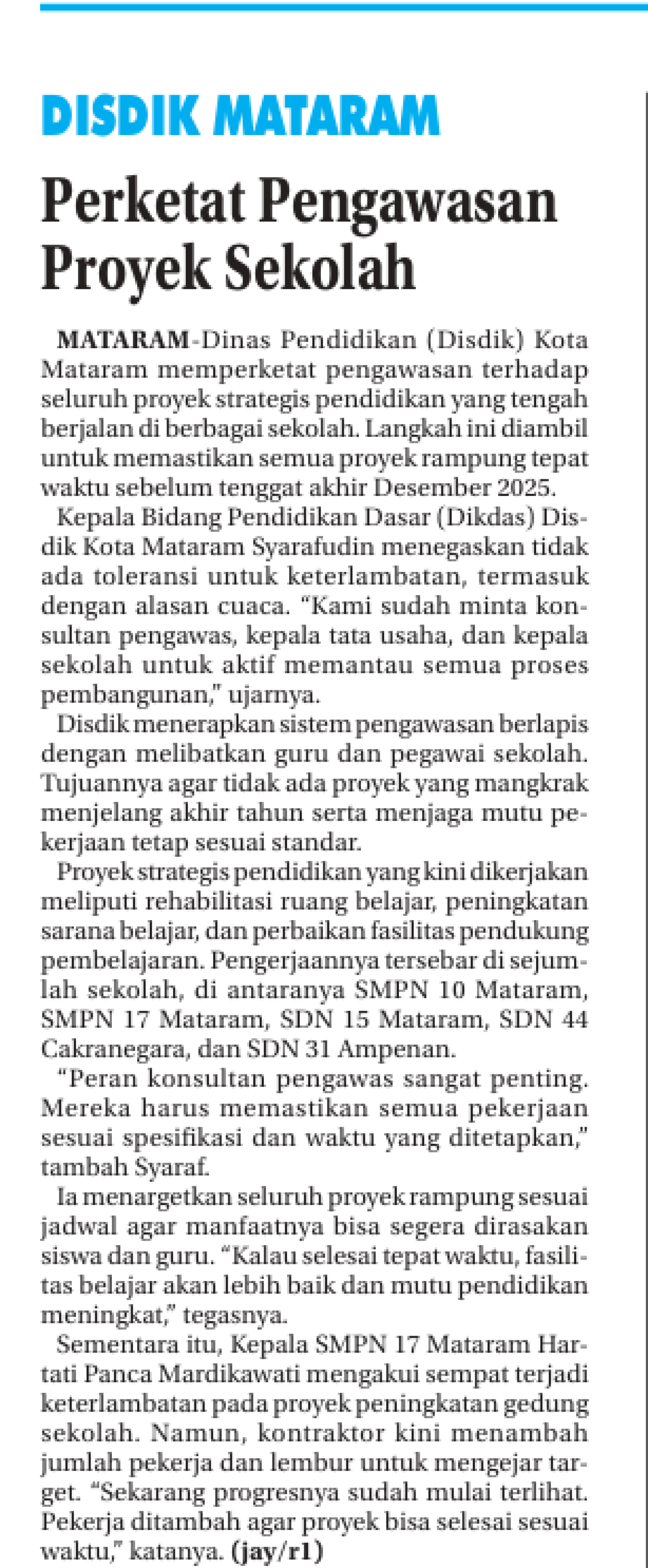 DISDIK MATARAM PERKETAT PROYEK PENGAWASAN SEKOLAH