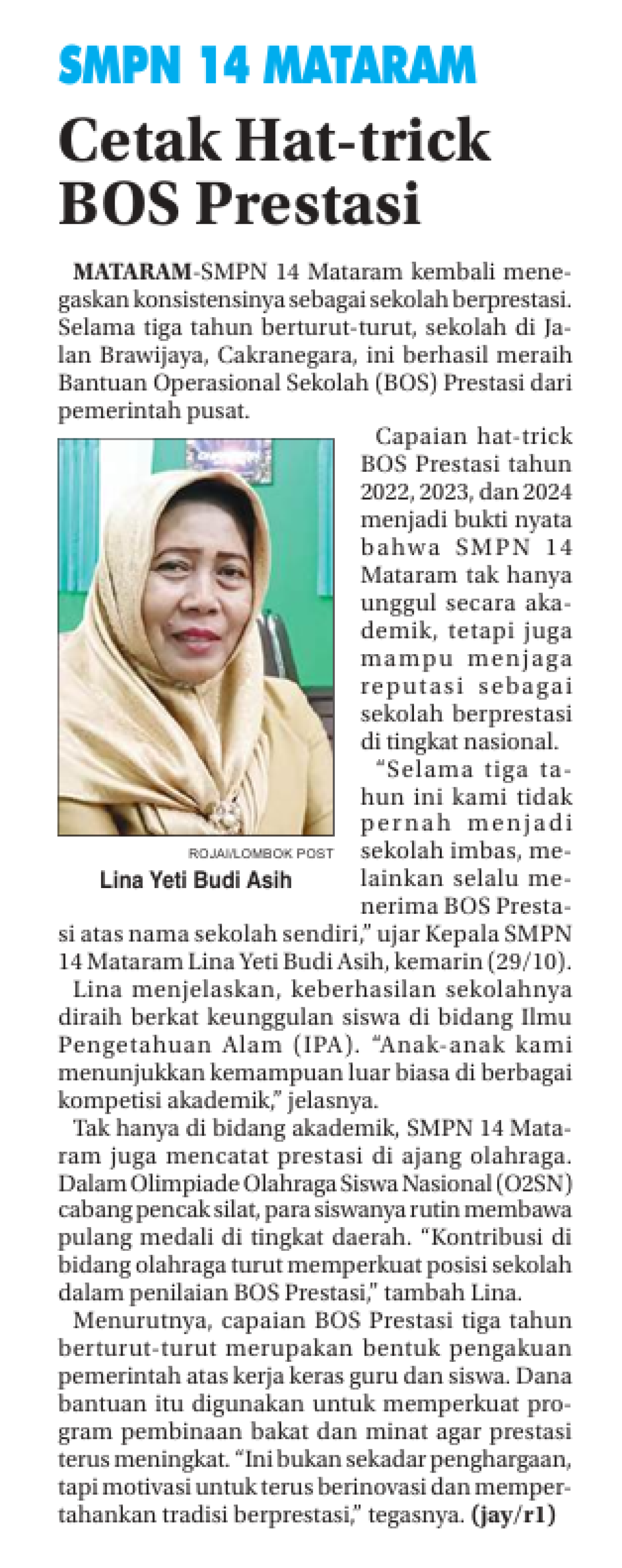 SMPN 14 Mataram Cetak Hat-Trick Bos Prestasi