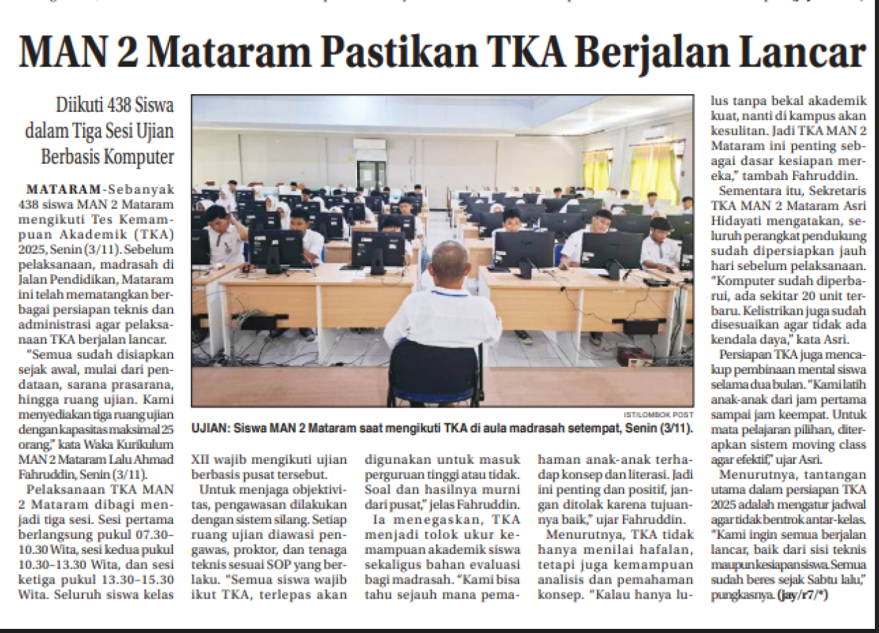 MAN 2 MATARAM PASTIKAN TKA BERJALAN LANCAR