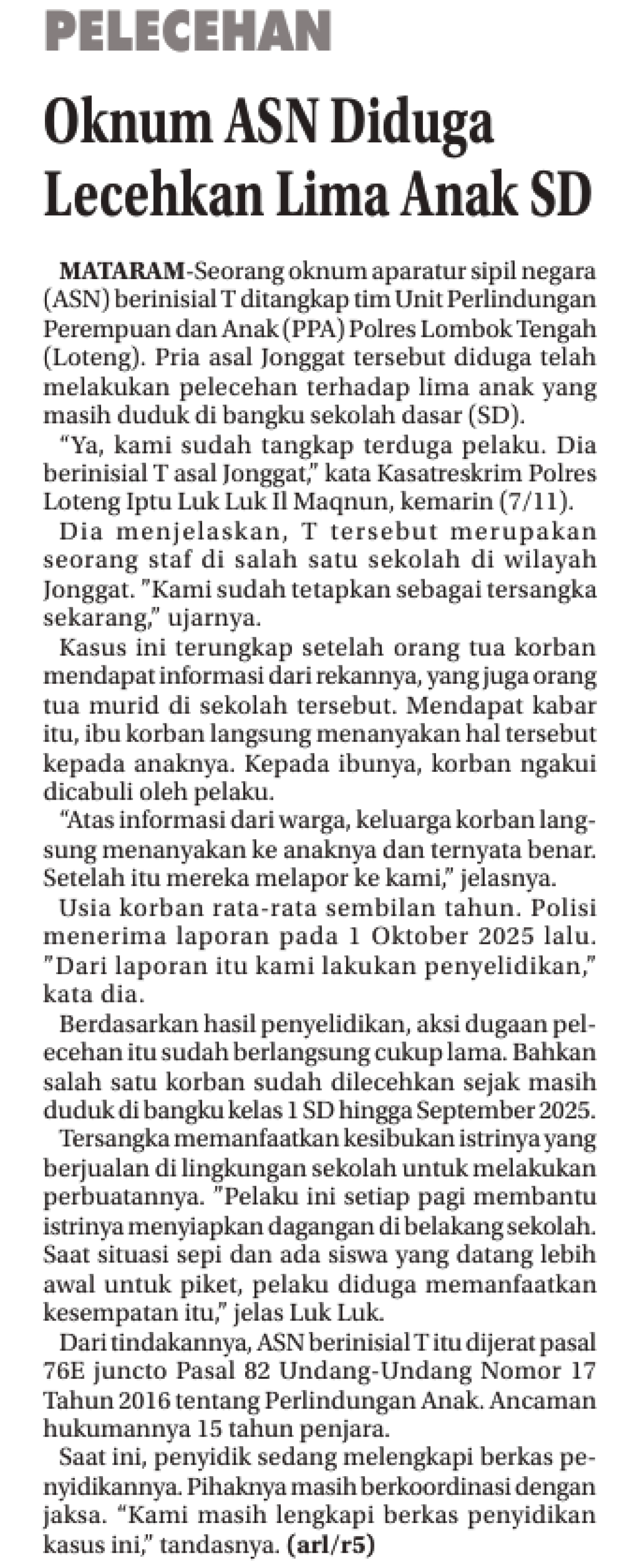 Oknum ASN diduga Lecehkan Lima Anak SD