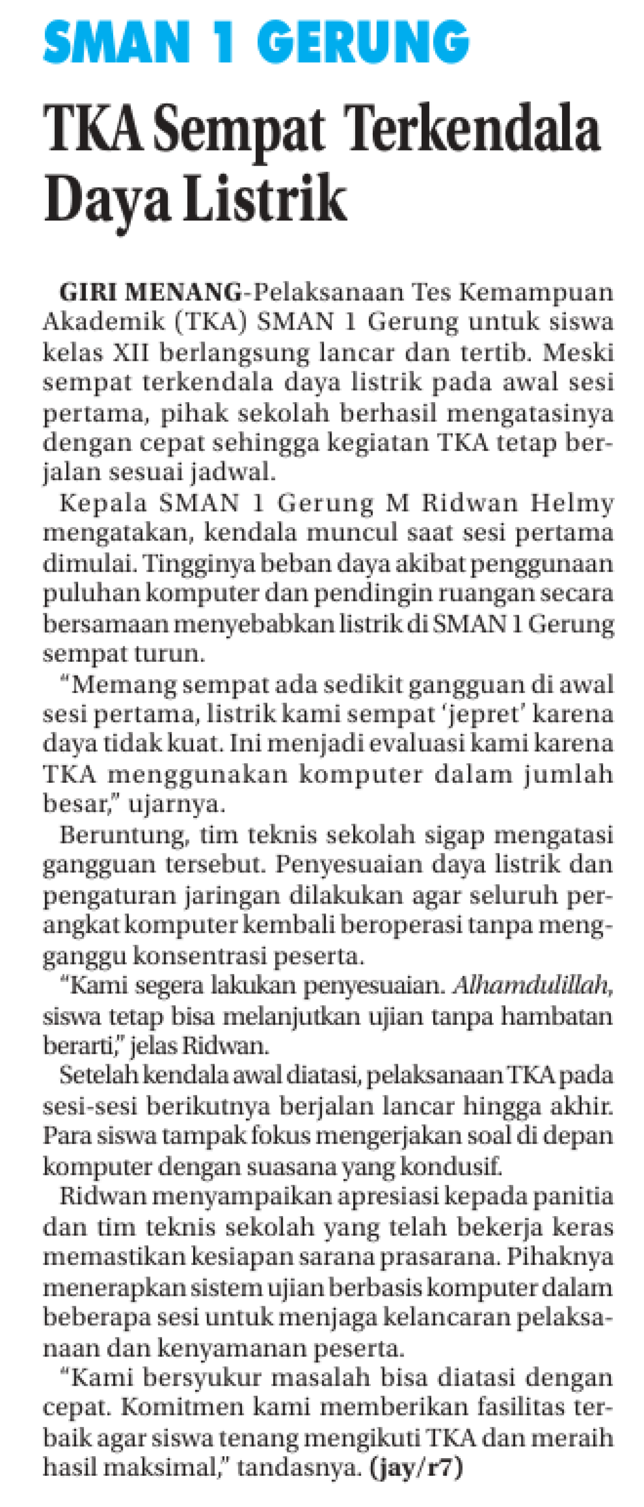 SMAN 1 GERUNG, TKA Sempat Terkendala Daya Listrik