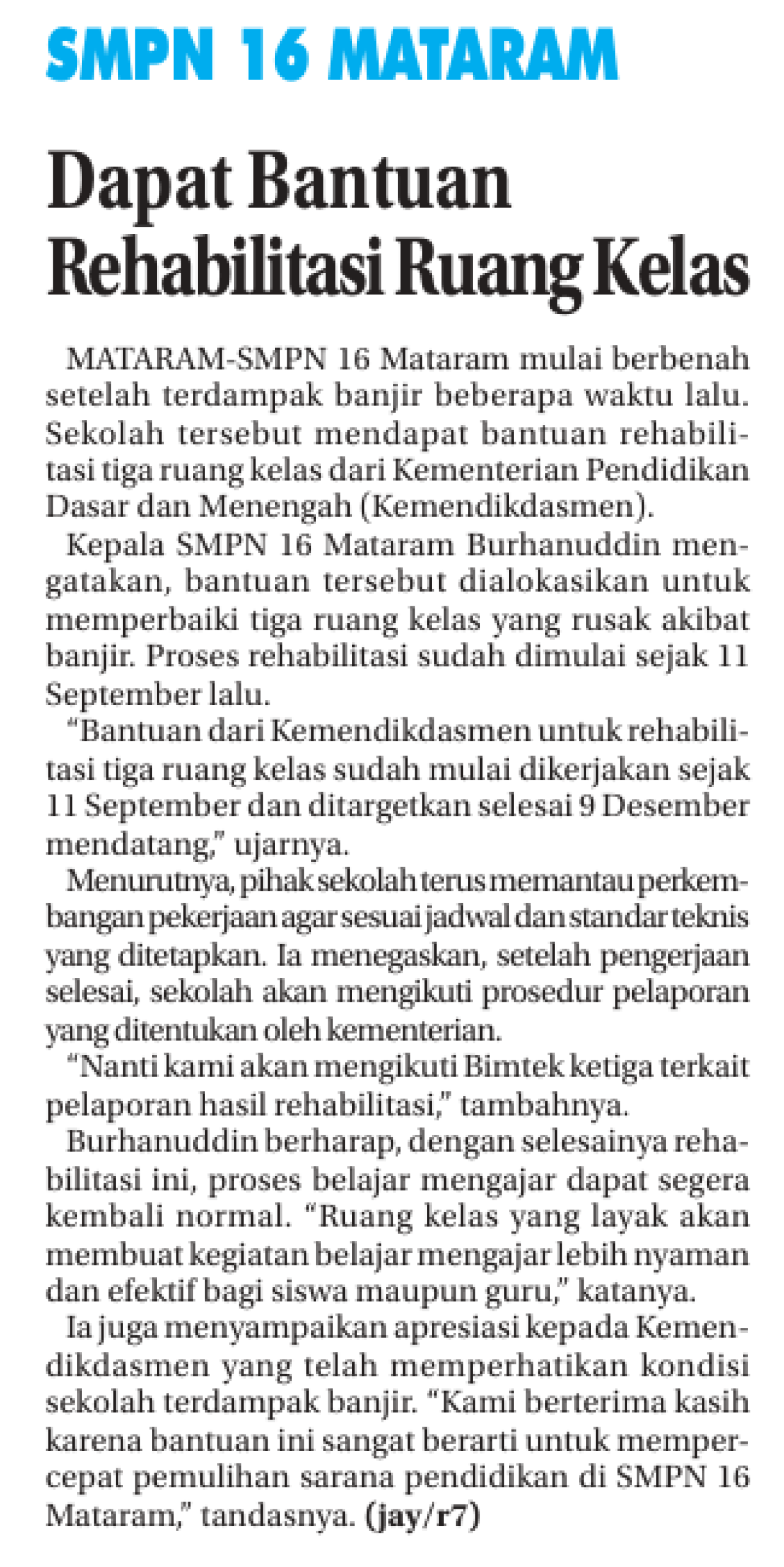 Dapat Bantuan Rehabilitasi Ruang Kelas