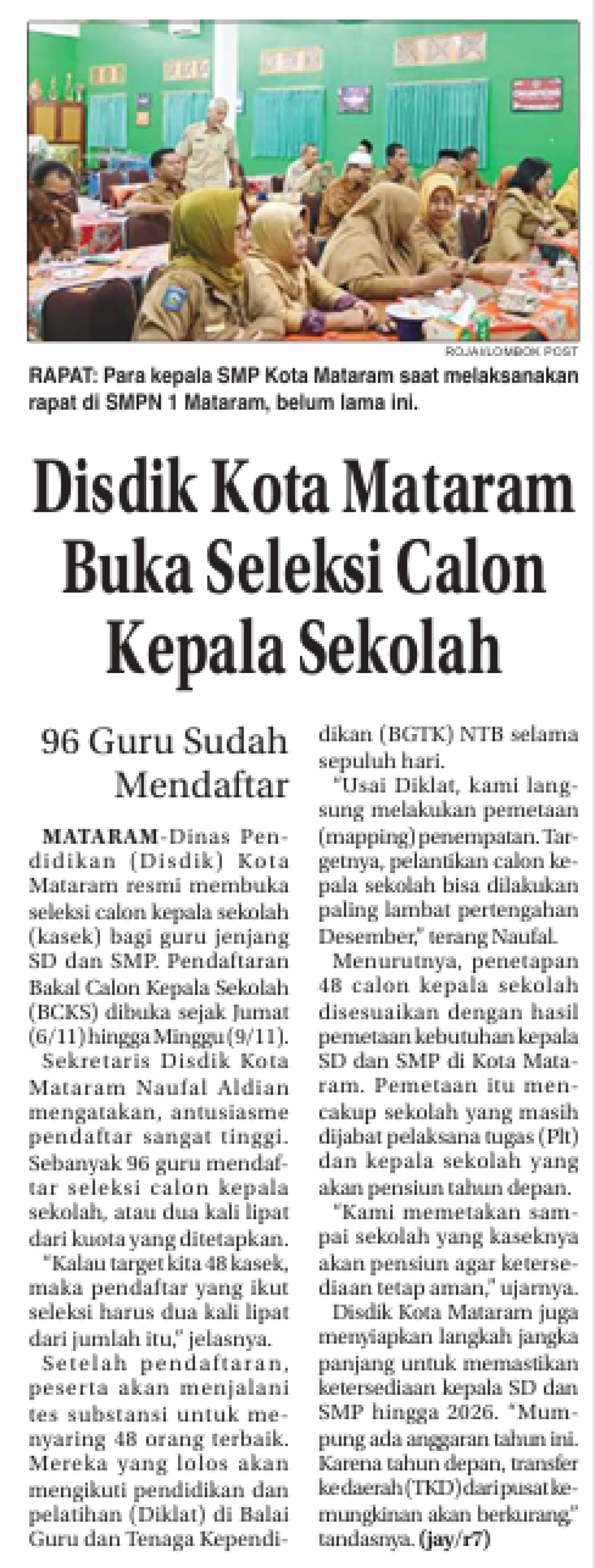 Disdik Kota Mataram Buka Seleksi Calon Kepala Sekolah