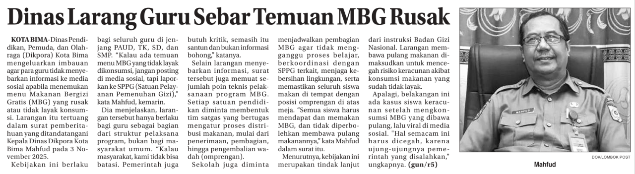 Dinas Larang Guru Sebar Temuan MBG Rusak
