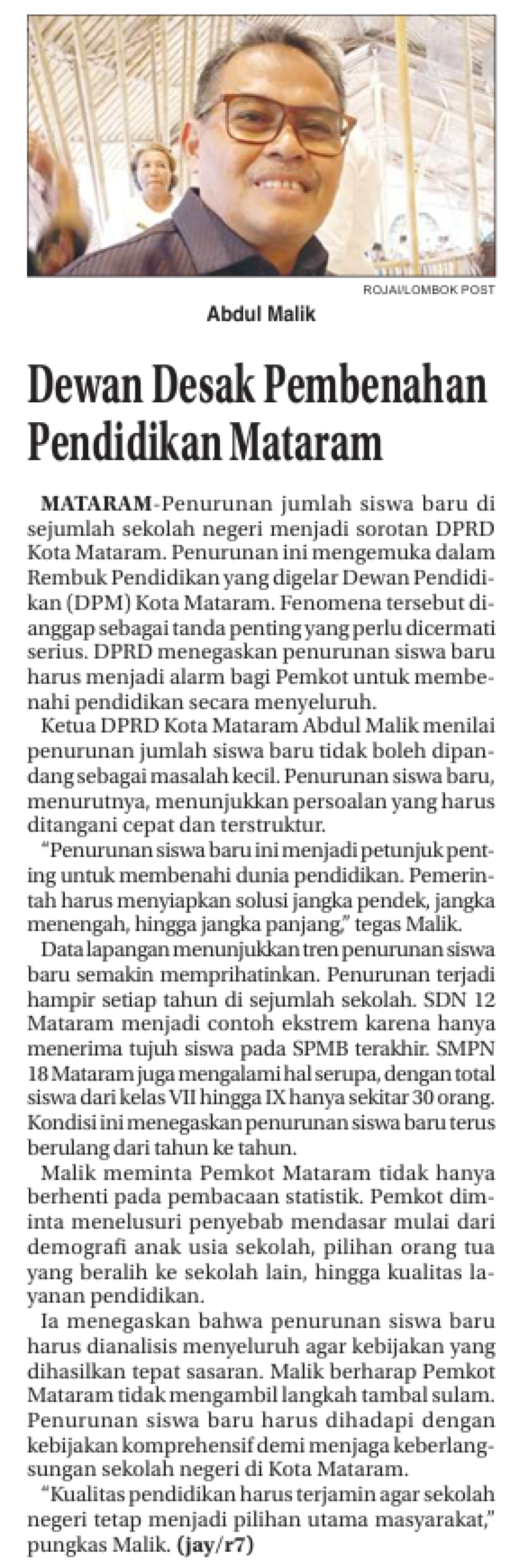 Dewan Desak Pembenahan Pendidikan Mataram