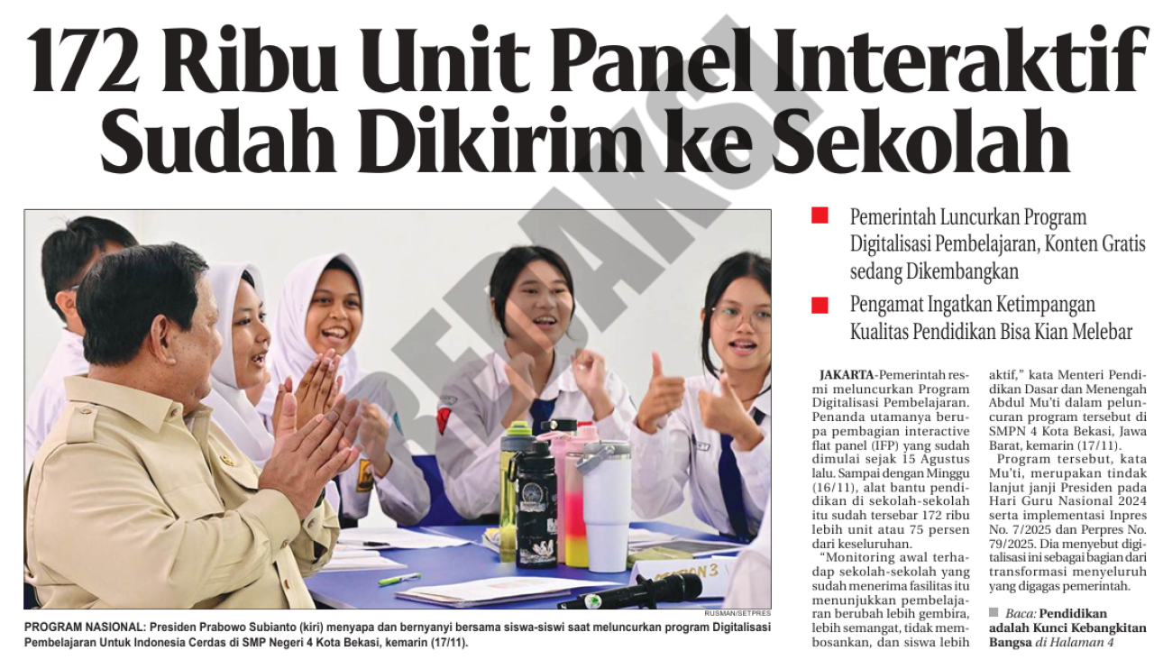 172 Ribu Unit Panel Interaktif Sudah dikirim Ke sekolah