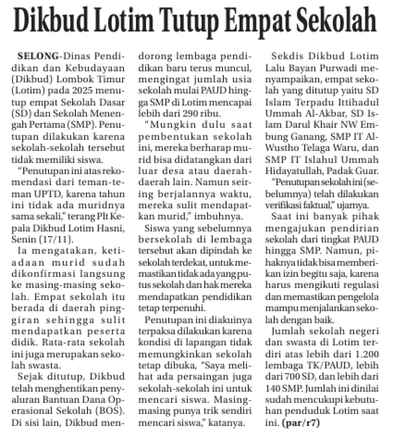Dikbud Lotim Tutup Empat Sekolah