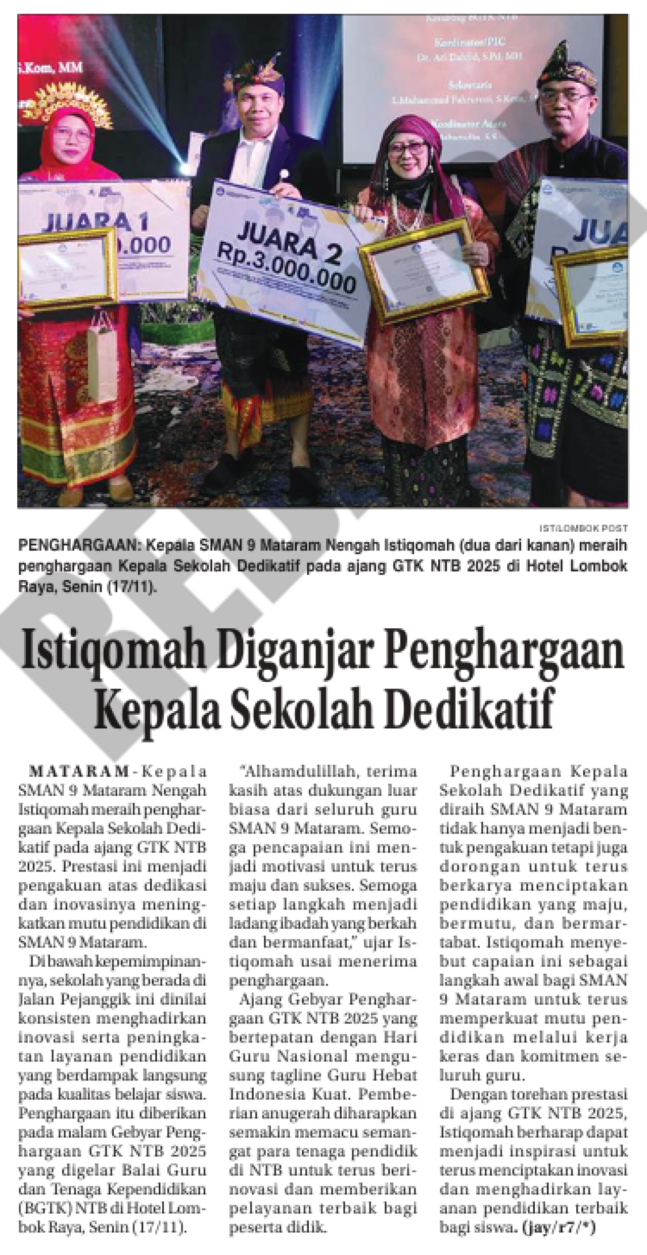 Istiqomah Diganjar Penghargaan Kepala Sekolah Dedikatif
