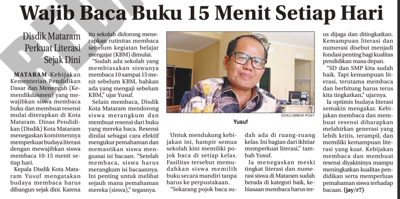 WAJIB BACA BUKU 15 MENIT SETIAP HARI DISDIK MATARAM PERKUAT LITERASI SEJAK DINI