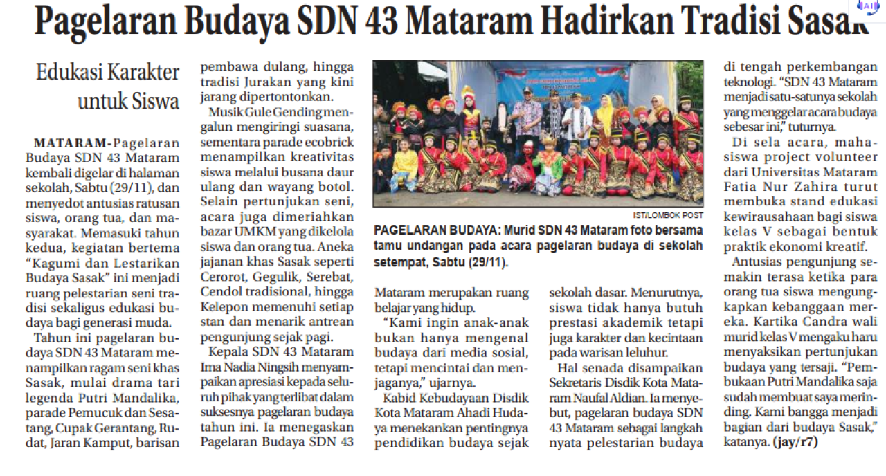 Pagelaran Budaya SDN 43 Mataram Hadirkan Tradisi sasak