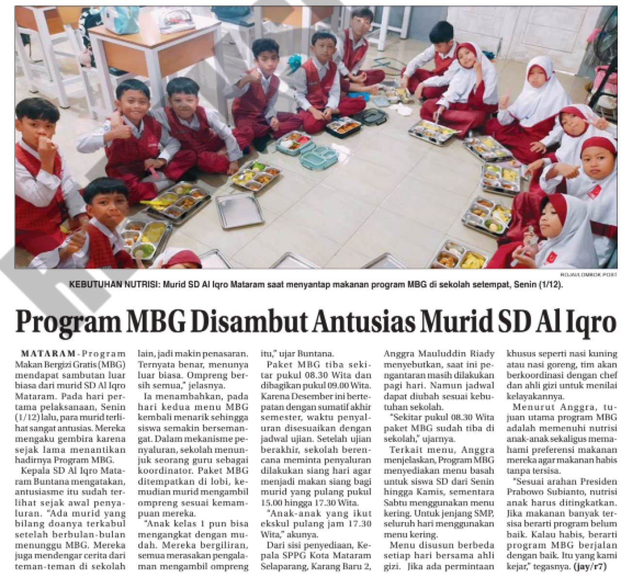 Progrmm MBG Disambut Antusias Murid SD Al Iqro