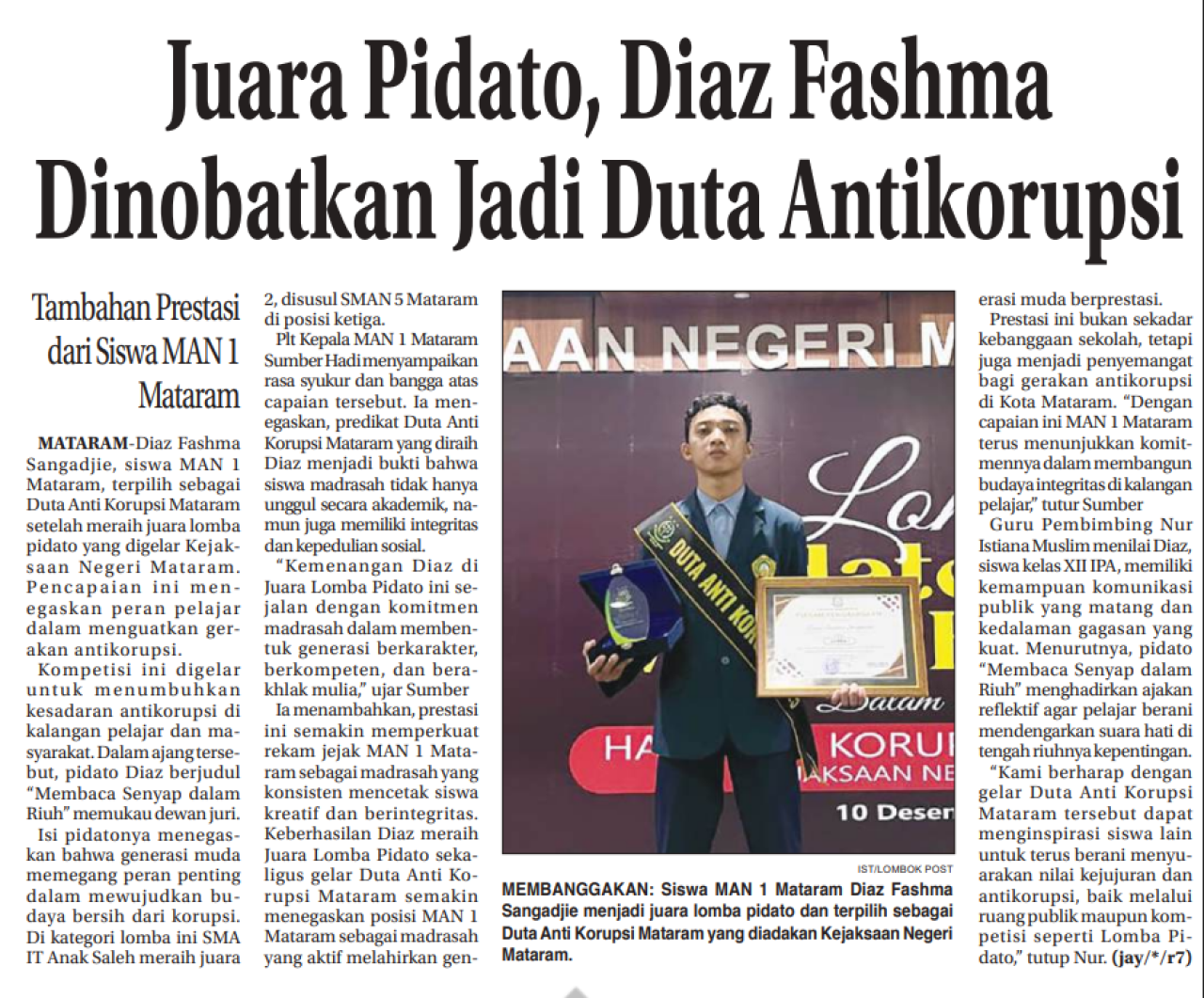Juara Pidato, Diaz Fashma Dinobatkan Jadi Duta Antikorupsi