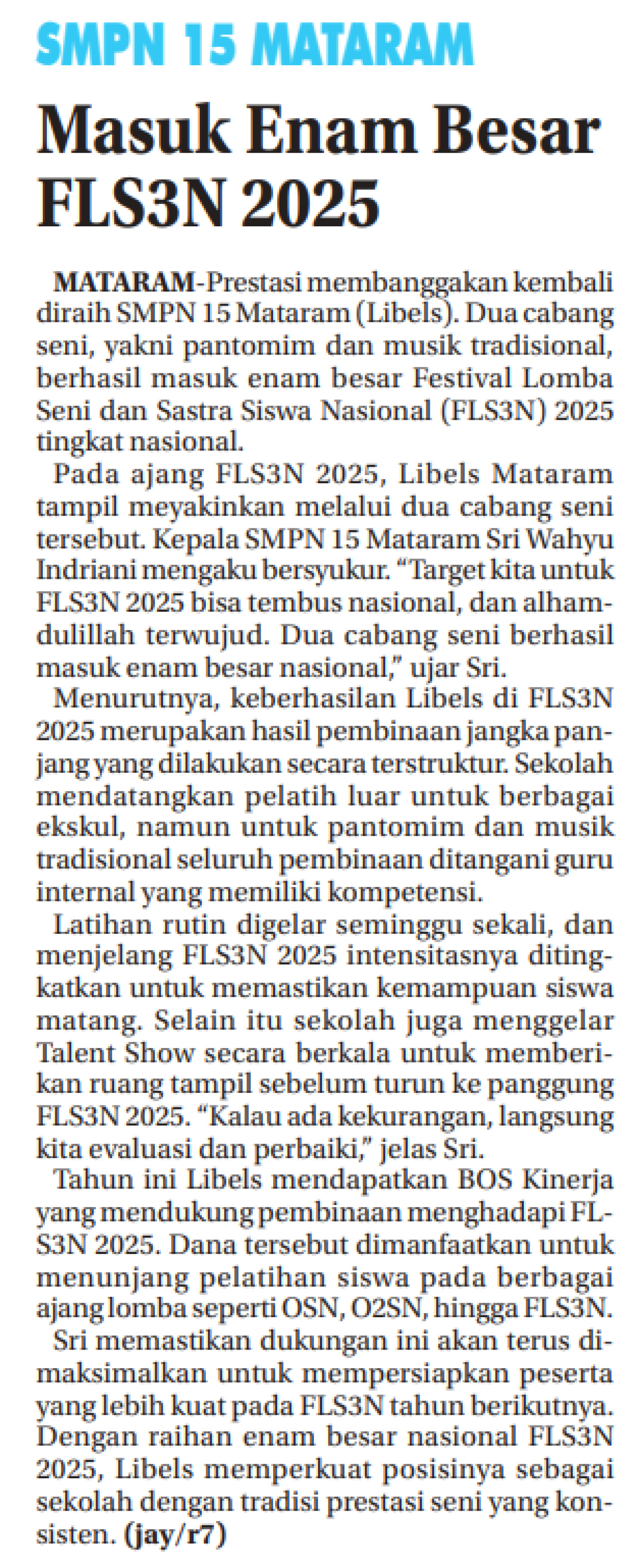 Masuk Enam Besar FLS3N 2025