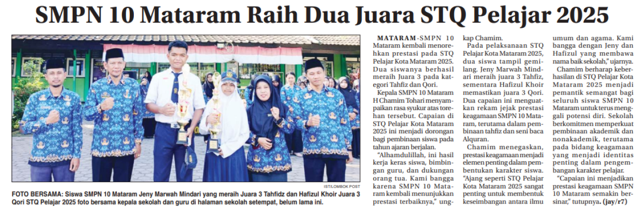 SMPN 10 Mataram Raih Dua Juara STQ Pelajar 2025