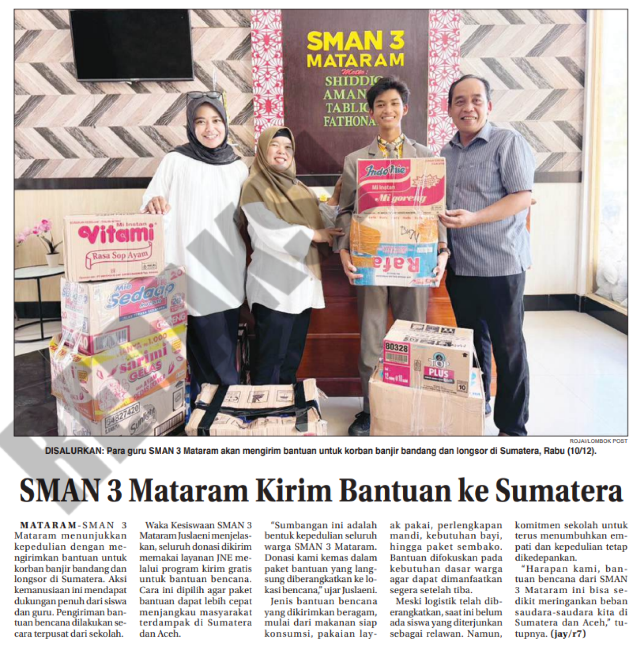 SMAN 3 Mataram Kirim Bantuan Ke Sumatera
